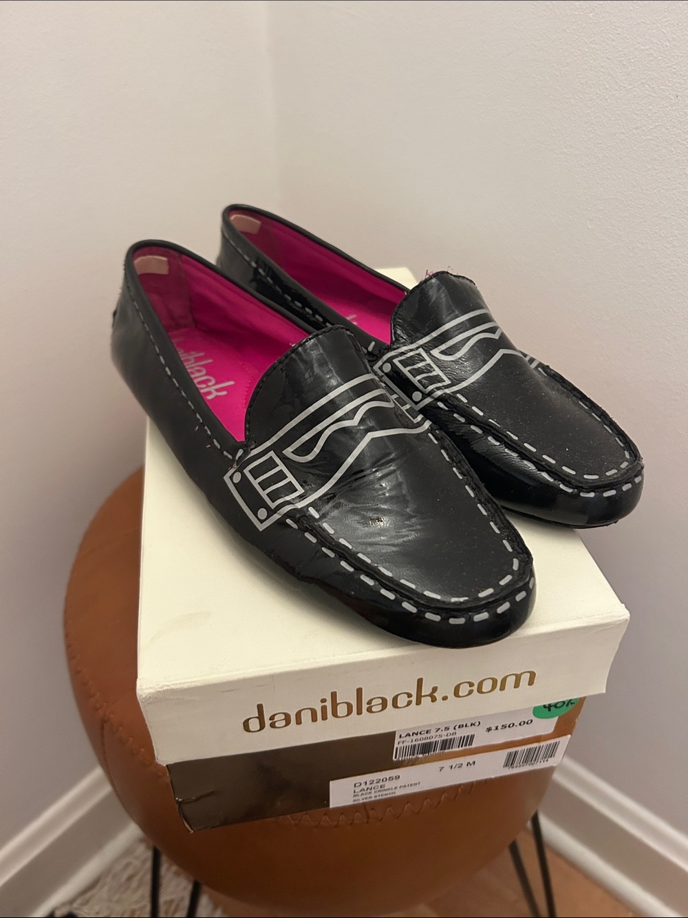 Black Leather Driving Loafers with Pink Interior